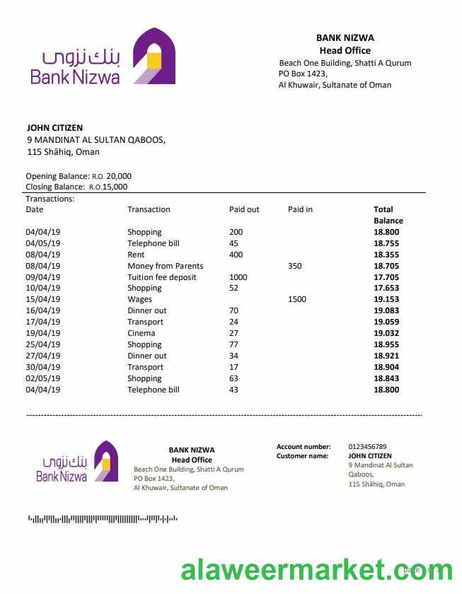 Oman Bank Nizwa bank statement